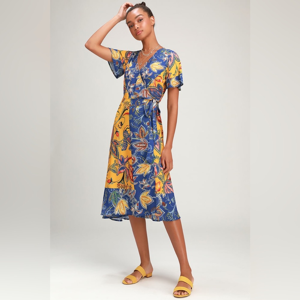 Lulus Atlantis Blue & Yellow Print Wrap Midi Dress